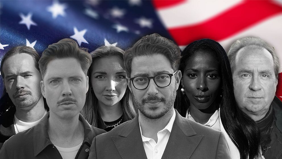 SVT:s utsända i USA framför en amerikansk flagga