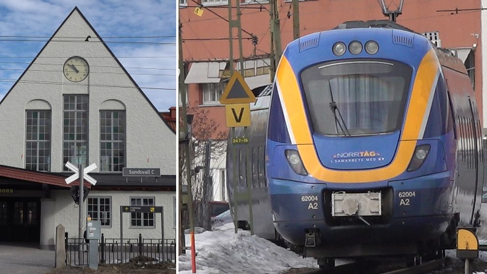 En exteriörbild på tågstationen centralen i Sundsvall i mars 2024 och till höger ett blått tåg lok från Norrtåg