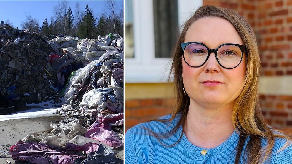 Delad bild. Till vänster: stora tygbalar utomhus. Till höger: en kvinna i blå tröja.