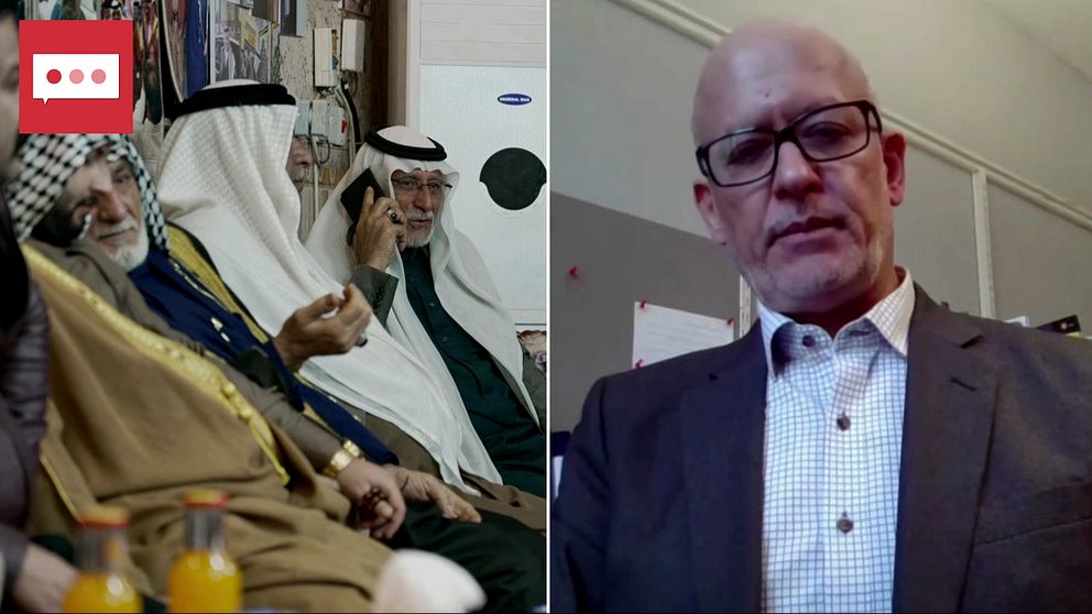 Splitbild. Till vänster tre muslimska män som sitter på rad och en pratar i telefon.  Till höger en professor i glasögon.