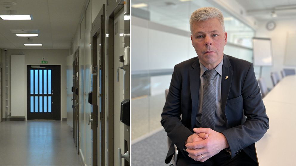 Tvådelad bild. Till vänster: korridor i fängelsemiljö. Till höger: Man i kostym med knäppta händer.