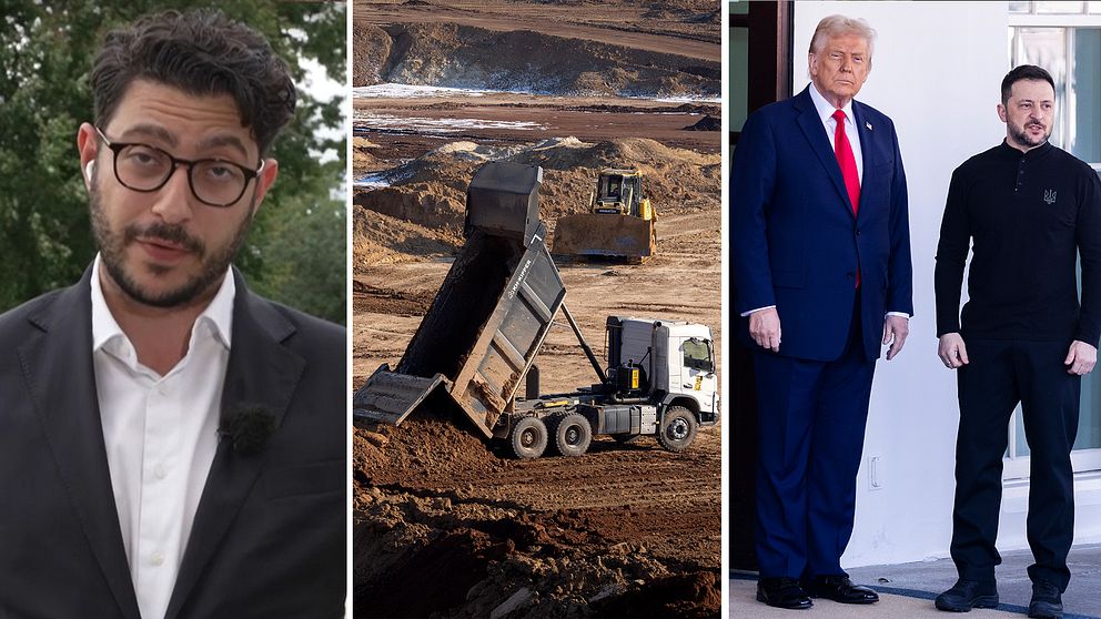 Tredelad bild. Vänster: person i kavaj. Mitten: lastbil tippas på byggarbetsplats. Höger: Trump och Zelenskyj.