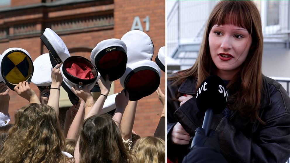 En delad bild med två sektioner. Till vänster hålls flera studentmössor upp i luften av en grupp människor. Till höger syns en kvinna i jacka, snö ligger på marken.