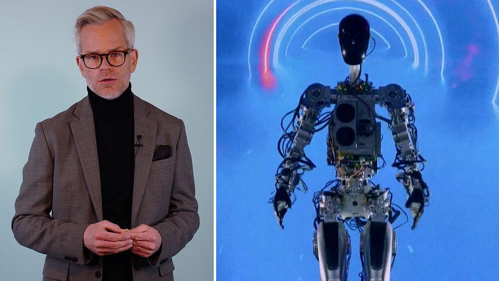 Tvådelad bild, man i studio till vänster och en framtidsvariant av robot till höger.