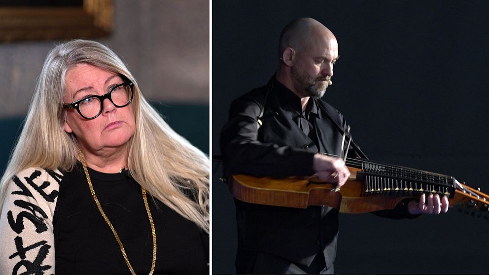 SKR:s chefsekonom Annika Wallenskog ser bekymrad ut. Till höger syns en svartklädd man som spelar nyckelharpa.