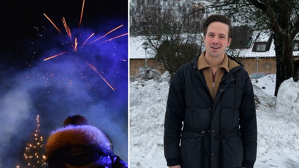 Ett fyrverkeri i skyn. Man ser även en julgran och en person med en fluffig jacka