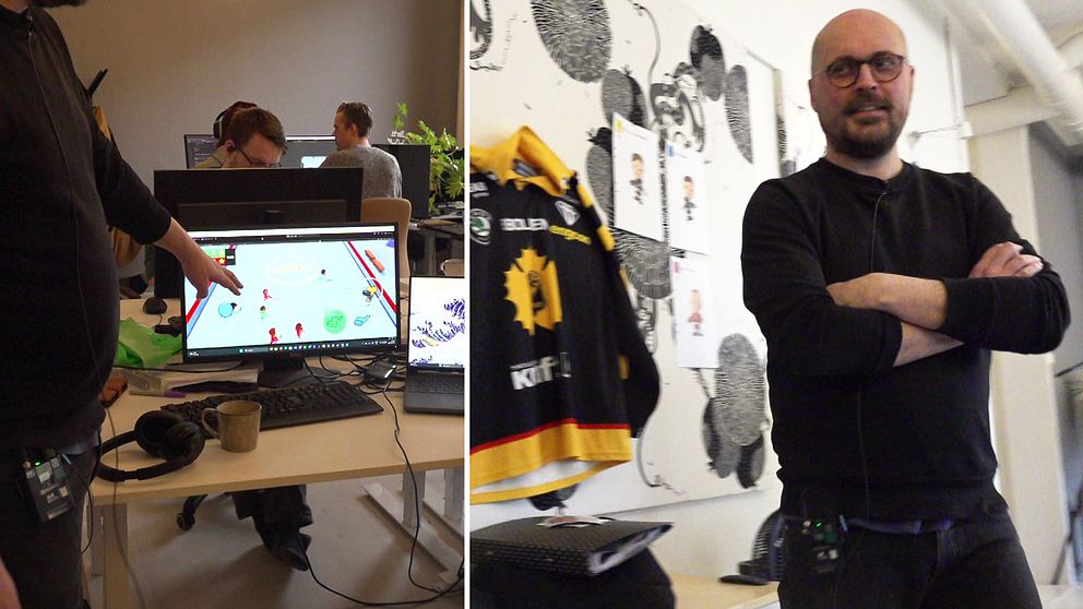 Bilden är delad i två sektioner. I den vänstra sektionen pekar en person på en datorskärm som visar ett ishockeyspel, medan två andra personer sitter vid samma bord och arbetar. I den högra sektionen visas en hockeytröja hängande på en vägg bredvid några teckningar och illustrationer. En person står bredvid med armarna i kors.