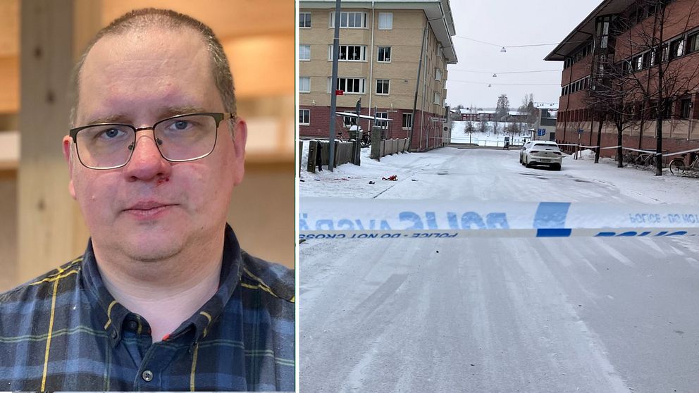 Delad bild. Åklagaren Jonas Fjellström iklädd rutig skjorta och en vy över en gata i centrala Skellefteå där ett polisavspärrningsband syns i förgrunden.