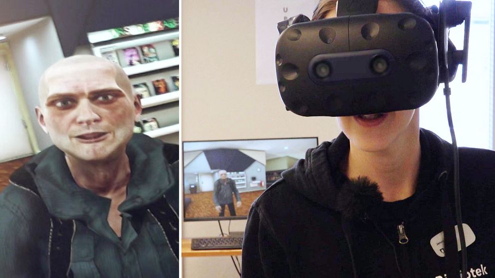 En animerad person i VR och en bibliotekarie på Stockholms stadsbibliotek med VR-headset.
