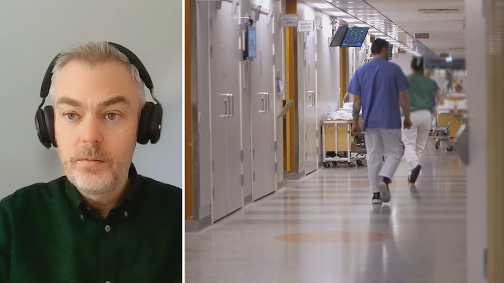 Till höger Måns Arnrup IT-direktör på Region Halland och till vänster vårdpersonal som går i en sjukhuskorridor