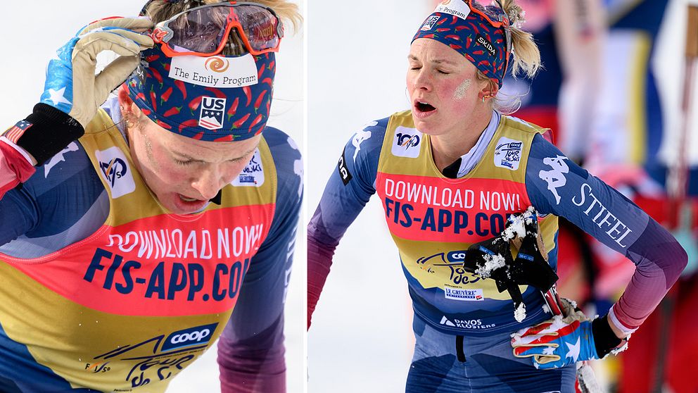 Jessie Diggins grinar illa efter jaktstarten i Tour de Ski