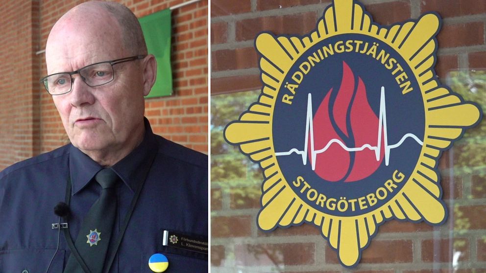 En delad bild där den vänstra sektionen visar en uniform med en ukrainsk flaggnål och en räddningstjänstbricka på en persons bröst. Den högra sektionen visar logotypen för Räddningstjänsten Storgöteborg med en stiliserad flamma och hjärtslag mot en tegelvägg.