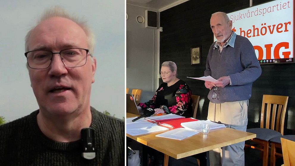 Delad bild. Till vänster: person i närbild. Till höger: möte med två äldre personer vid ett bord.