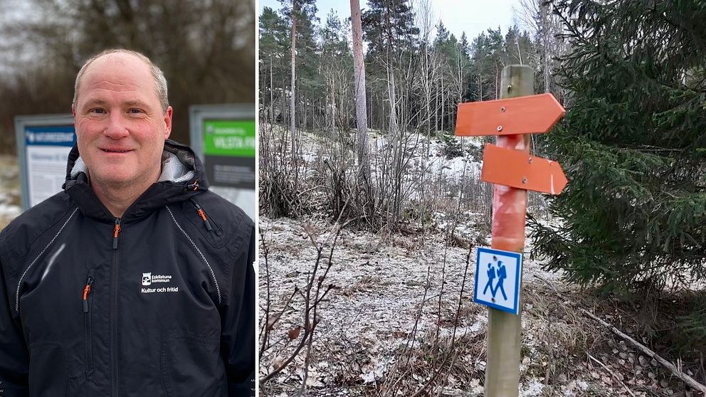 Delad bild. Till höger en man i mörka kläder. Till vänster en käpp med markerade röda pilar för vandringsleder