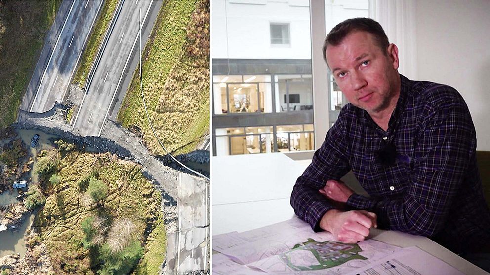 Tvådelad bild. Till vänster: Drönarbild som visar hur vägen slitits sönder av skredet. Till höger: Mats Karlsson, forskare i geoteknik sitter med en karta.