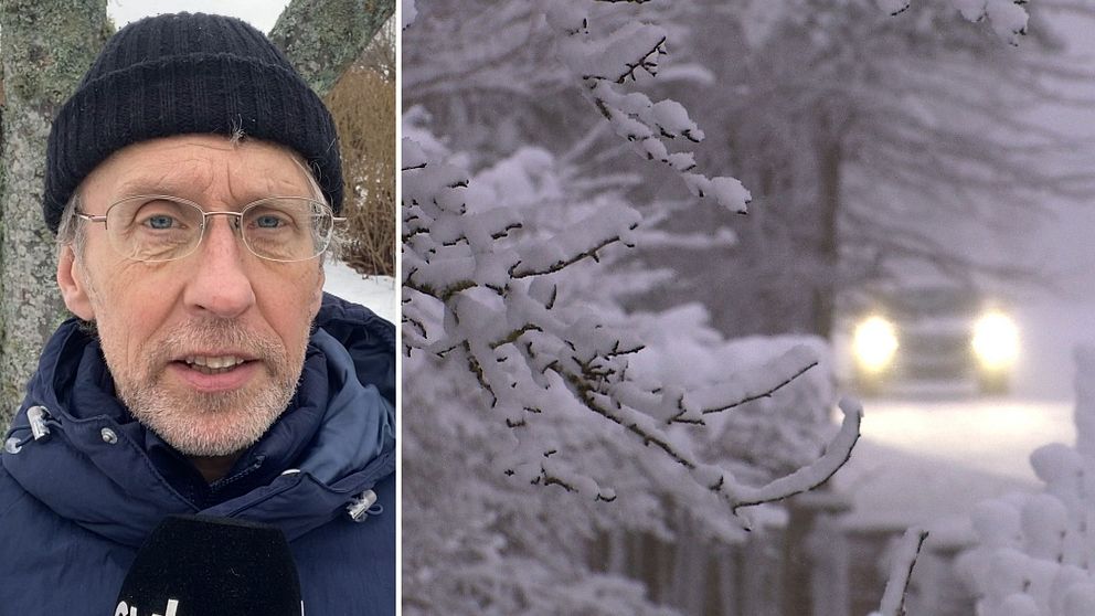 Till vänster syns en person klädd i en mörk jacka och mössa, stående i en vintrig miljö med snöklädda träd i bakgrunden. Till höger rör sig en bil sakta på en snötäckt väg, omgiven av snötyngda grenar.