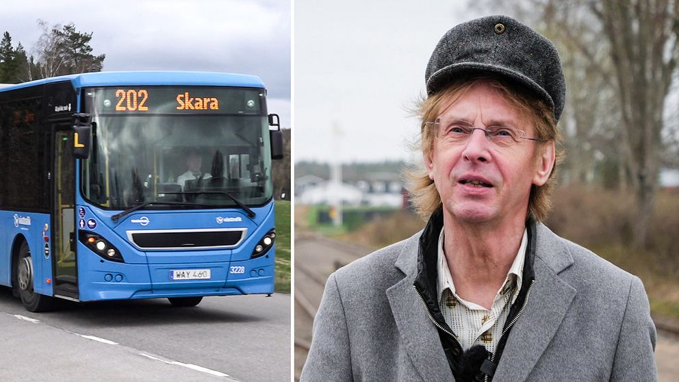En buss mot Skara till vänster, och en porträttbild på Mikael Lundgren till höger.