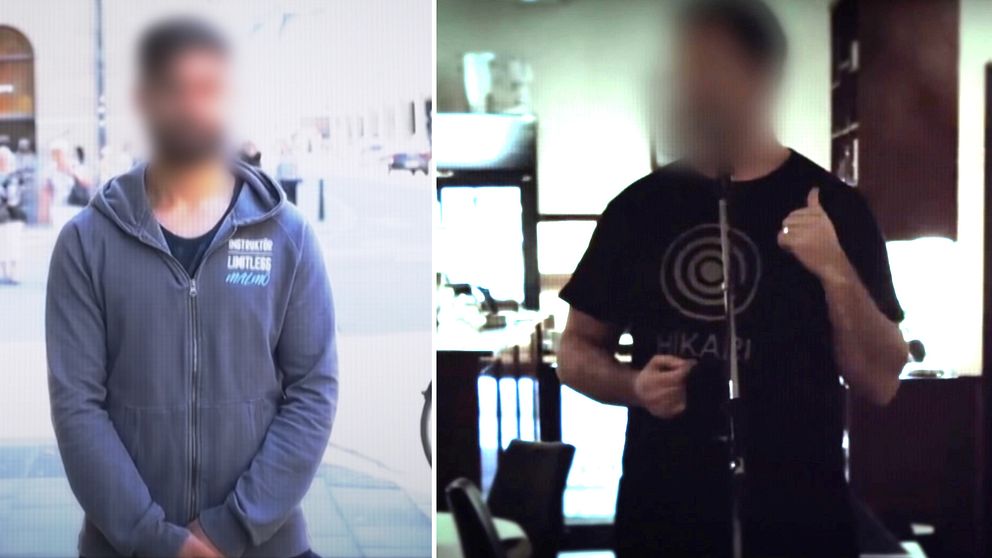 En delad bild med två sektioner. Till vänster står en person i en grå hoodie på en gata, med en suddig bakgrund av byggnader och folk. Till höger syns en person som står vid en mikrofon inomhus, klädd i en svart t-shirt med en cirkel. Båda männen är anonymiserade