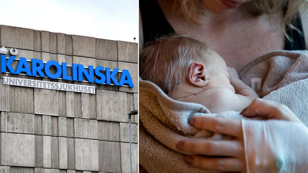 Karolinska sjukhusets logga och en kvinna som håller i en nyfödd bebis