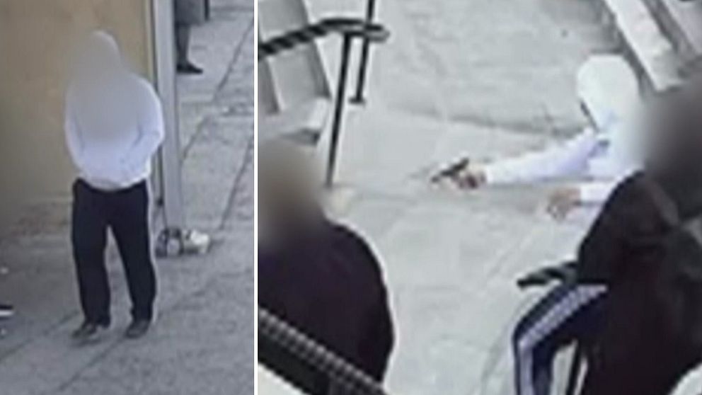 Bilder ur polisens förundersökning visar hur en man med vit hoodie och svarta byxor först går mot centralstationen i Eskilstuna (till vänster) och sedan tar upp en pistol och börjar skjuta mitt bland alla människor (till höger).