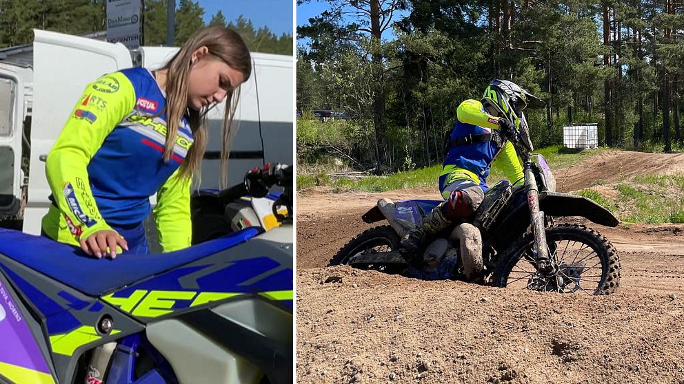 Delad bild. Till vänster: crossförare vid sin motorcykel. Till höger: samma förare kör på bana.