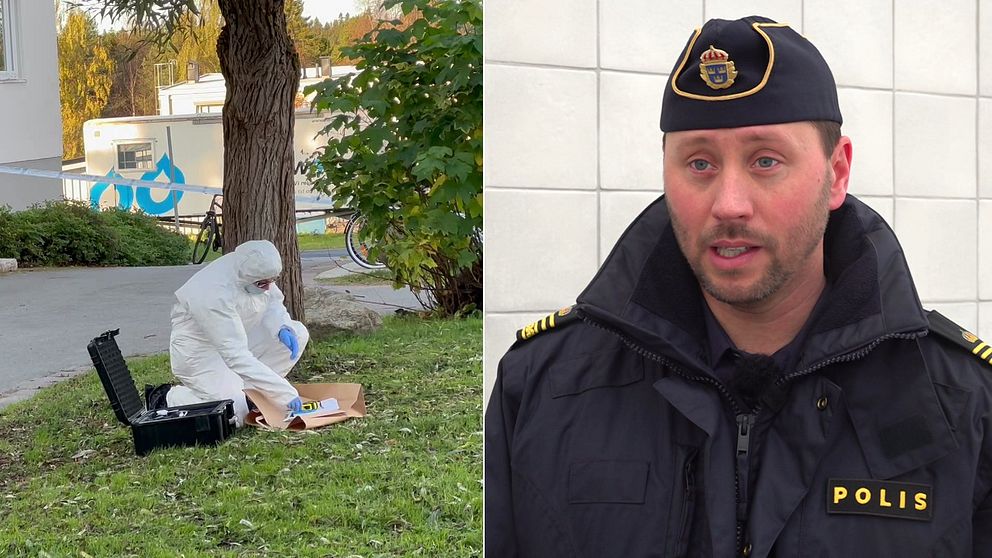 Polisens tekniker undersöker brottsplatsen på Mariehem i Umeå, samt Thomas Palmgren, polisens spaningschef i Västerbotten