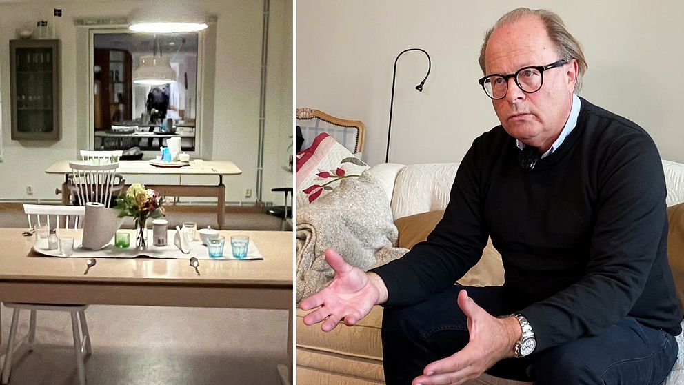 Bild inifrån äldreboende där dödsolycka inträffade och man i svart tröja och svarta glasögon som slår ut med händerna