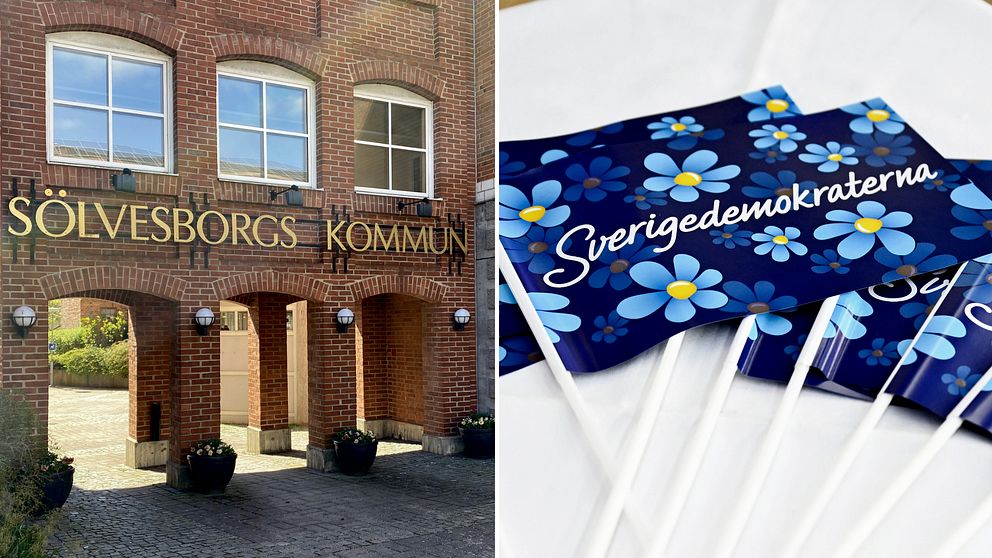 Delad bild på dels fasaden till Sölvesborgs stadshus och dels flaggor med Sverigedemokraternas logotyp.