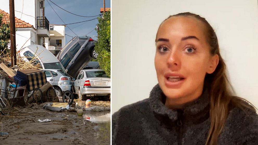 Förstörda bilar efter översvämning, realityprofilen Bettina Buchanan som intervjuas
