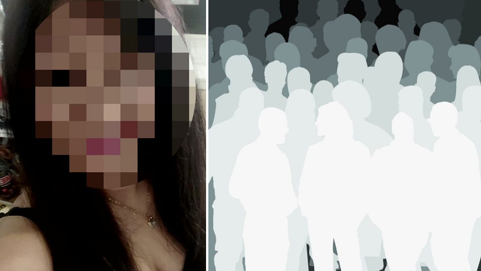 bildsplitt på kvinna med blurrat ansikte och siluetter av en folkmassa