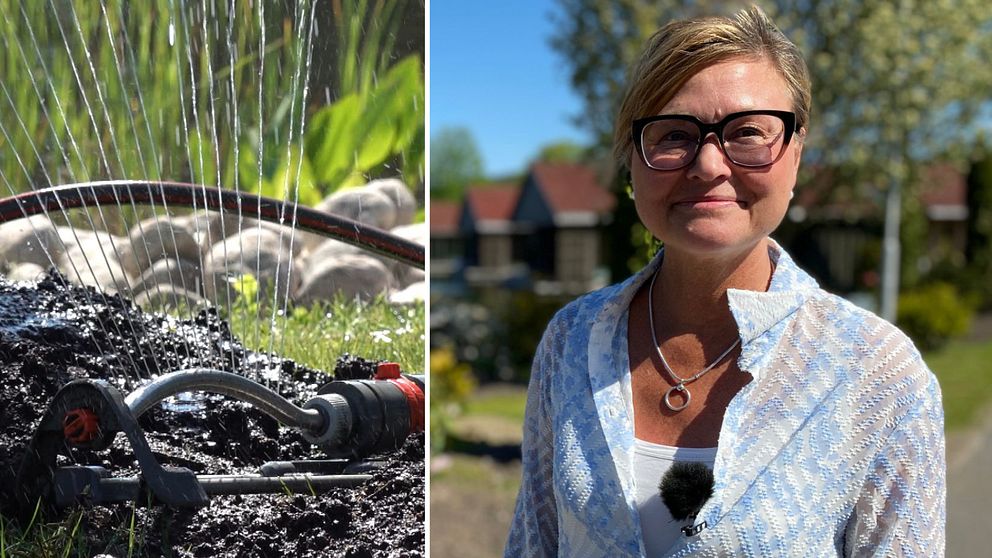 Ställföreträdande VA-chef Maria Bennet och en vattenspridare i en solig trädgård.