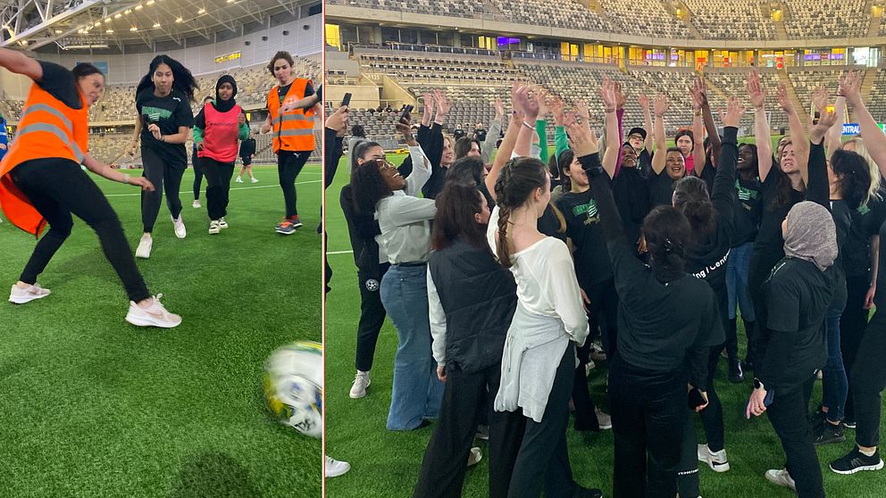 Till höger en grupp kvinnor som håller upp armarna och till vänster 4 kvinnor som spelar fotboll på tele2 arena.