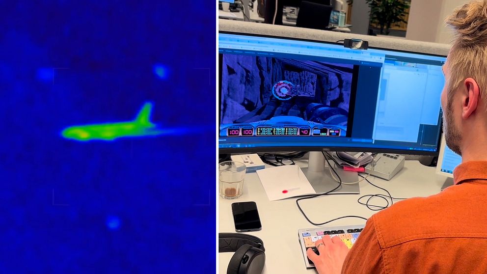 Delad bild. Till vänster: termisk bild av flygplan. Till höger: person vid dator med Duke Nukem 3D på skärm.