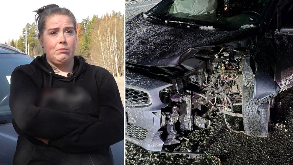 Delad bild. Till vänster: person i svart jacka utomhus. Till höger: bil med skador framtill.