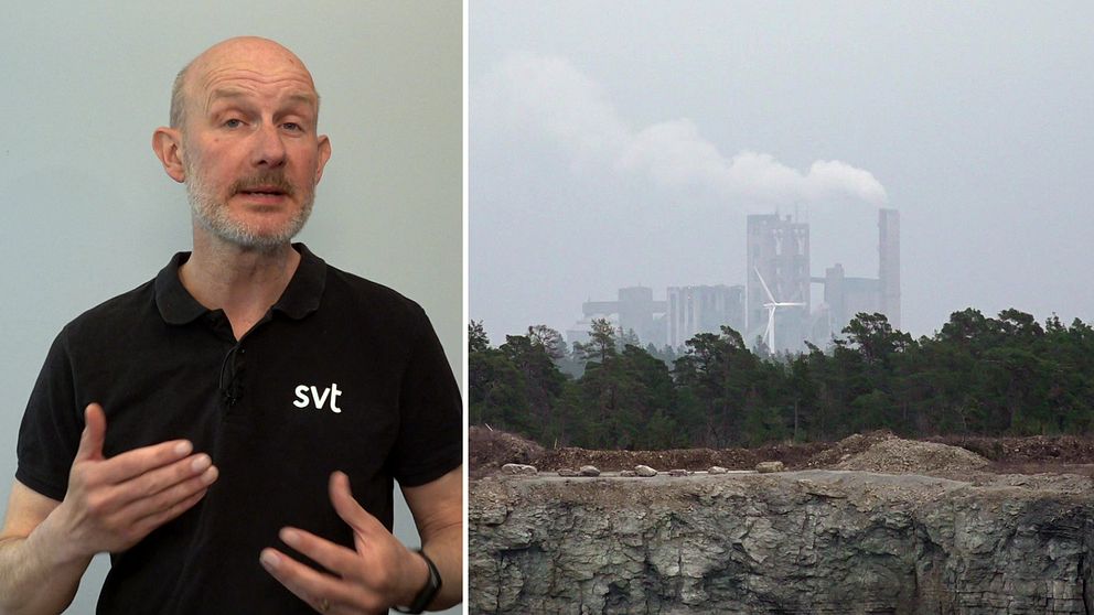 Delad bild. Till vänster: person med SVT-tröja. Till höger: fabrik med rök bakom skog.