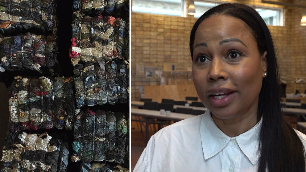 Tvådelad bild. Till vänster: staplade återvinningsbalar med kläder. Till höger: Alice Bah Kuhnke blir intervjuad av SVT.