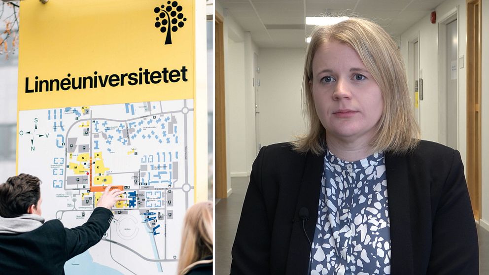 Karta över Linnéuniversitetets lokaler, två studenter. T.h Desirée Persson, sektionschef på studerandeavdelningen på Linnéuniversitetet