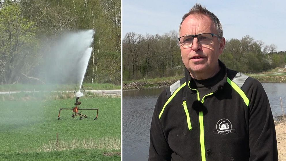 Delad bild. Vänster: bevattning av åker. Höger: person i jacka vid vattendrag.