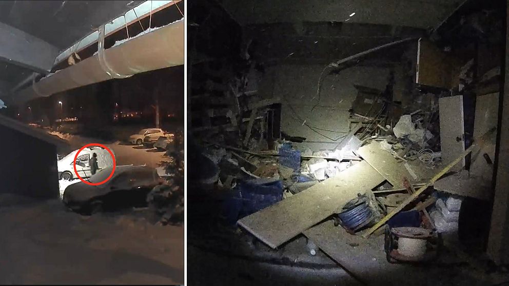 till vänster: gärningsman springer från brottsplats, till höger: förödelsen i ett garage efter detonation
