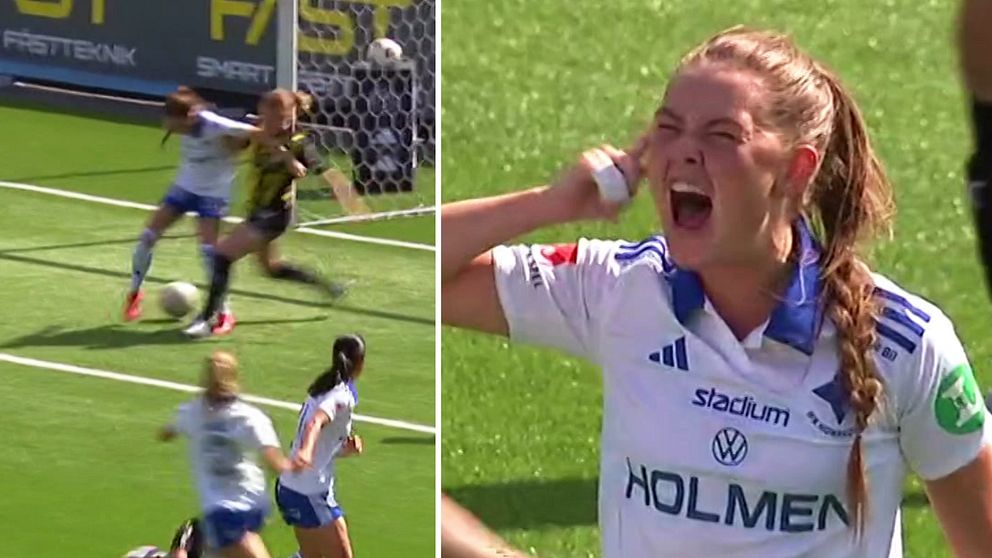 Delad bild. Vänster: kamp om bollen nära mål. Höger: spelare tar sig för huvudet efter smäll.