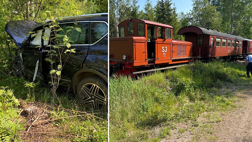 en krockad bil och ett äldre tåg