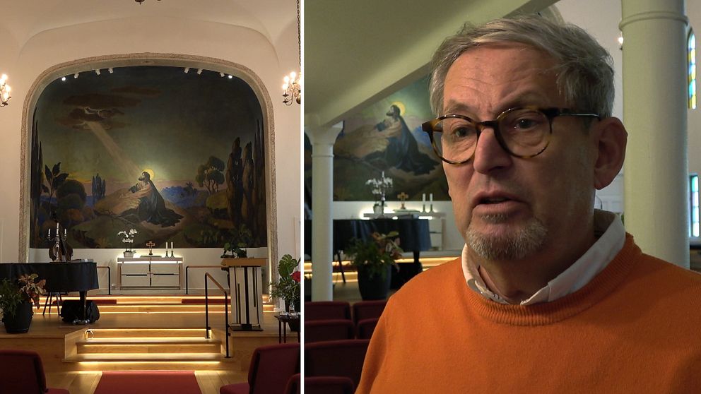 En delad bild med två sektioner. Den vänstra delen visar en inredning av en kyrka med en stor väggmålning som föreställer en religiös scen med Jesus, medan den högra delen visar en man i en orange tröja, Mats Arebäck som är ordförande i församlingen.