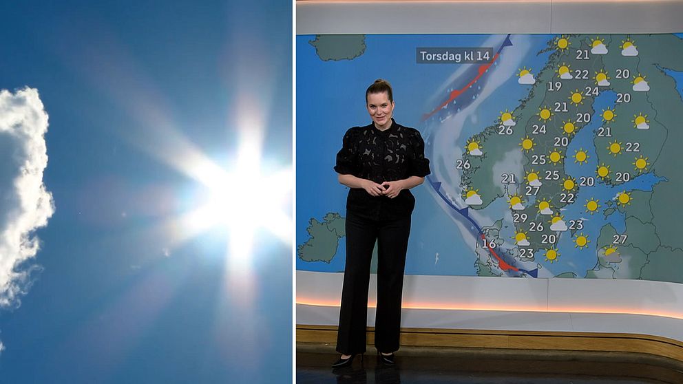 Sol och moln. SVT:s meteorolog i studio. Kvinna i svarta kläder.