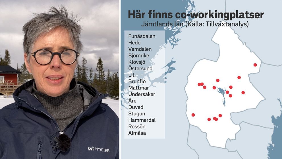 Till vänster reporter Maria Harning. Till höger en karta över Jämtlands län med en lista över platser med coworkingkontor