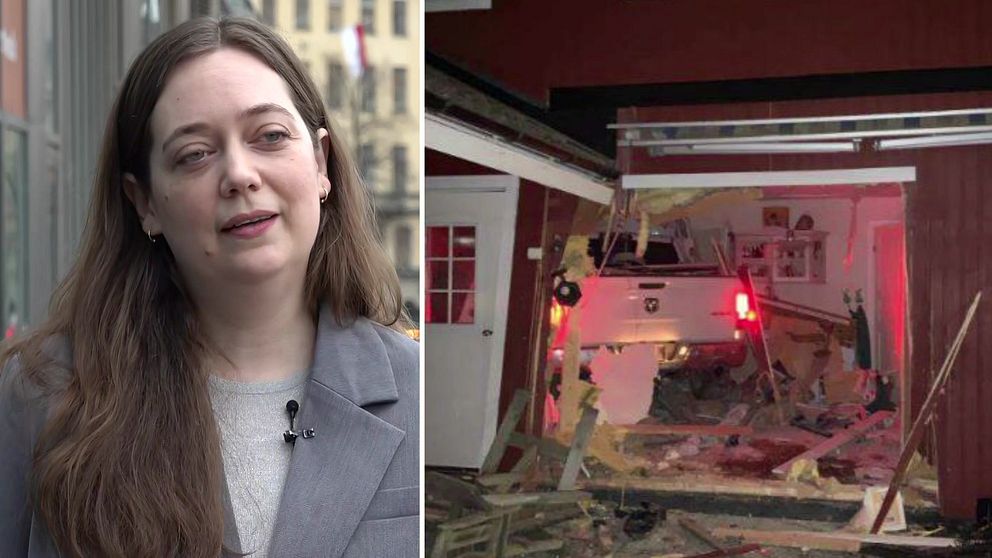 Till vänster syns en person som intervjuas, med en stadsmiljö i bakgrunden. Till höger visas en bild av en bil som har kört in i en byggnad och orsakat omfattande skador, med träplankor och inredning som är förstörda.