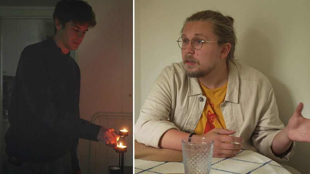 En delad bild som visar två personer i olika miljöer. Den vänstra sektionen visar en person som håller en tänd ljus i en mörkare omgivning. Den högra sektionen visar en annan person som sitter vid ett bord, klädd i en ljus jacka och ett färgglatt linne, med sin hand gestikulerande i en konversation.