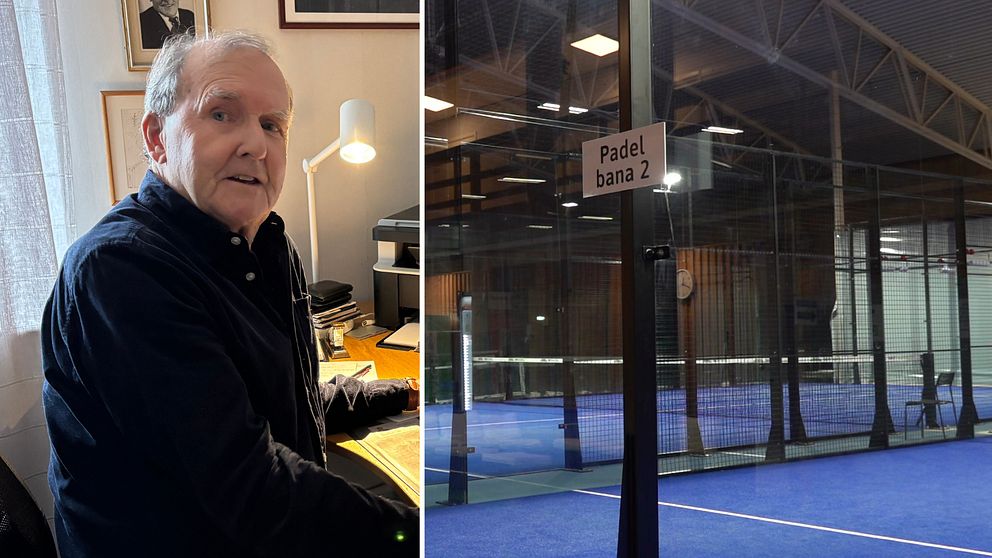 Bertil, som är tidigare revisor i Kramfors kommun, sitter framför datorn, och i annan bild syns en padelbana med blått golv.
