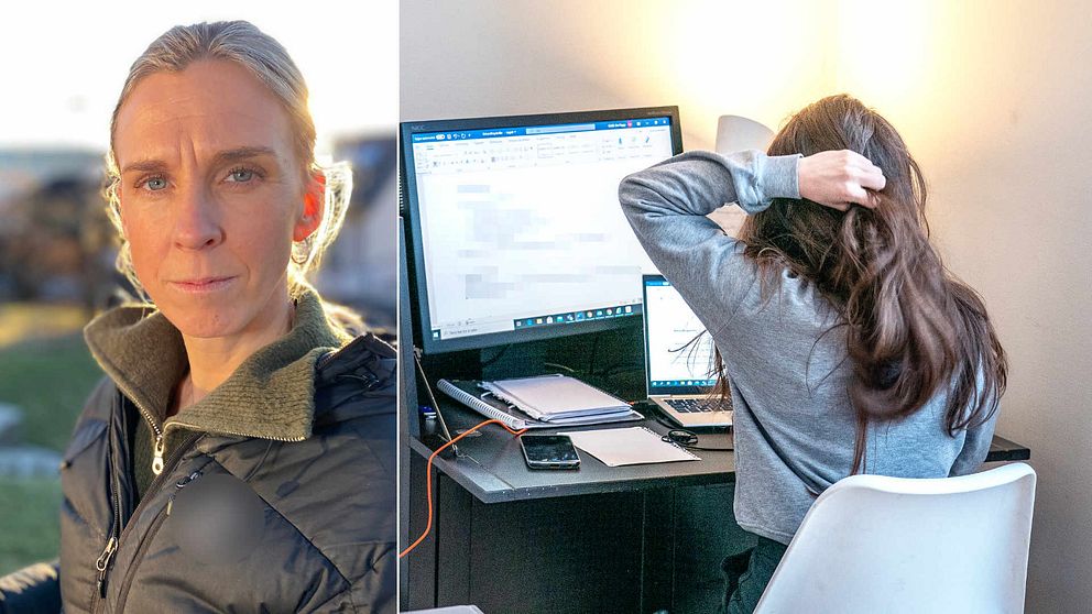 Ida Erixon, folkhälsoutvecklare, tittar in i kameran. Till höger i bild; en flicka sitter med ryggen mot kameran, håller vänster hand i sitt hår, samtidigt som hon tittar på sin dator