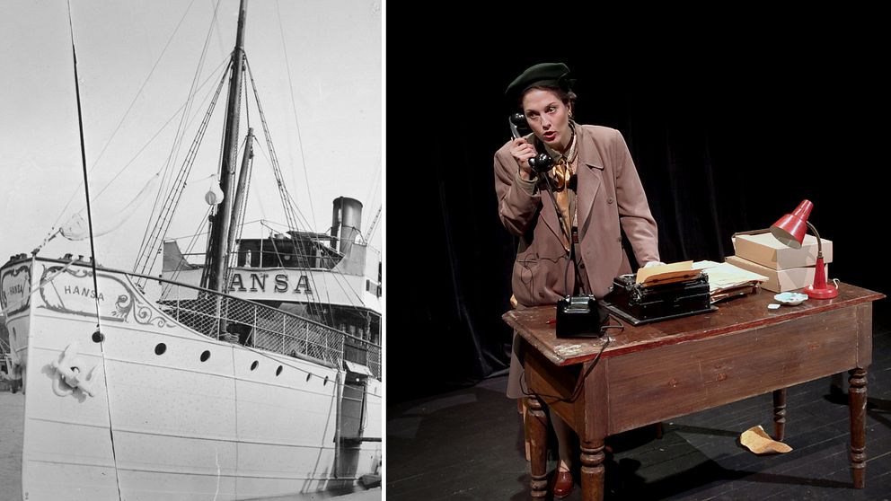 Till vänster syns ett svartvitt fotografi av fartyget Hansa. Till höger syns Hanna Göland klädd för sin teaterroll.