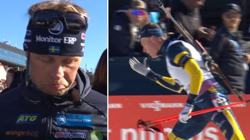 Tvådelad bild. Till vänster: Skidutrustning. Till höger: Skidskytt i tävling.